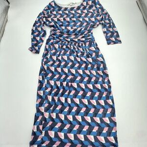 Boden Blue Pink White 3/4 Sleeve Geometric Print Day Dress Size 2